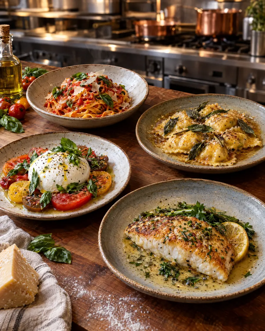 Four finished dishes on a wooden counter: pasta, burrata, ravioli and fish