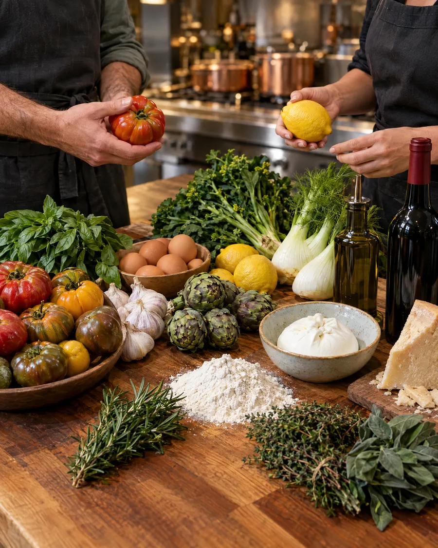 Two people each holding an ingredient over a counter of fresh produce, herbs, cheese and flour