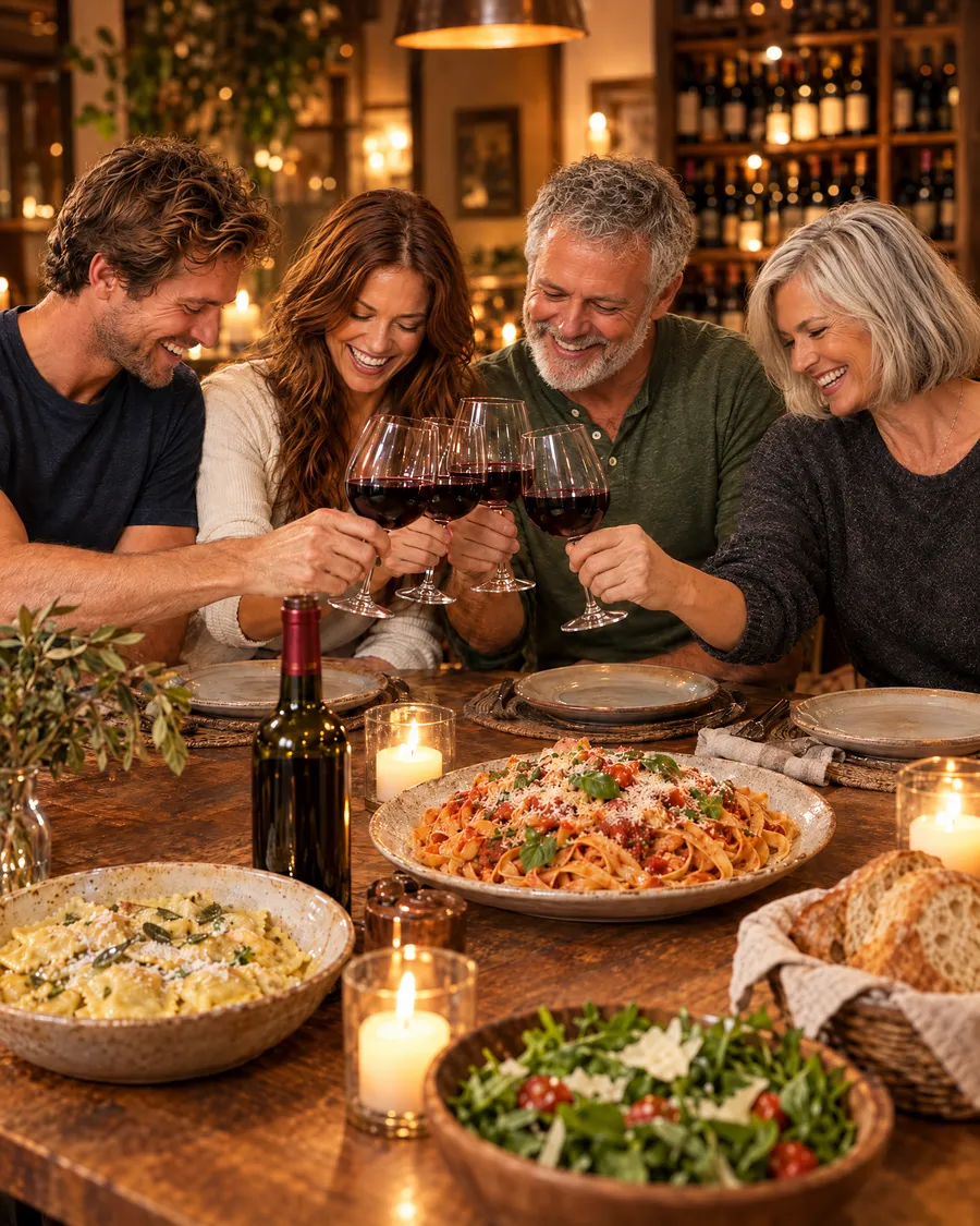Two couples toasting with red wine at a candlelit table with pasta, ravioli, salad and bread