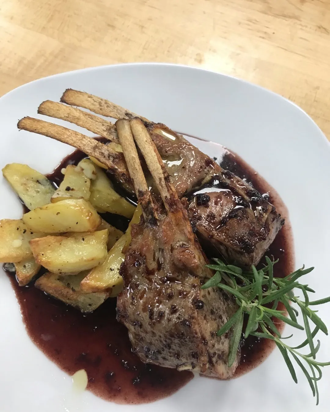 Roasted rack of lamb with potatoes at Onotria, in the style of the dinner's third course